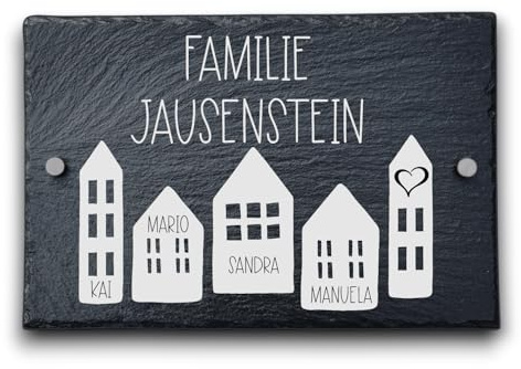 Die Geschenke Manufaktur Türschild für Familie aus Schiefer, Personalisiertes Türschild mit Namen 30 x 20 cm, Design Häuser, Hausschild mit Gravur versch. Größen