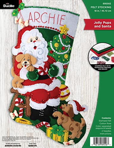 Bucilla Felt Applique 18 Stocking Making Kit, Jolly Pups Santa, Perfect for DIY Arts and Crafts, 89556E