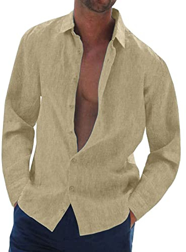 Halfword Camisa Lino Hombre Manga Larga Casual Coton Botones Camisa Verano Suelta Playa Boda Shirt Blanco XXXL