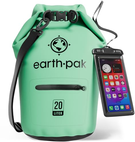 Wasserdichter Packsack 20L - Dry Bag mit Reißverschlusstasche und Rolltop | Dry Bag 20L in Meeresschaumgrün: schwimmfähiger Trockensack mit Reißverschluss-Außentasche und IPX8-Handyhülle