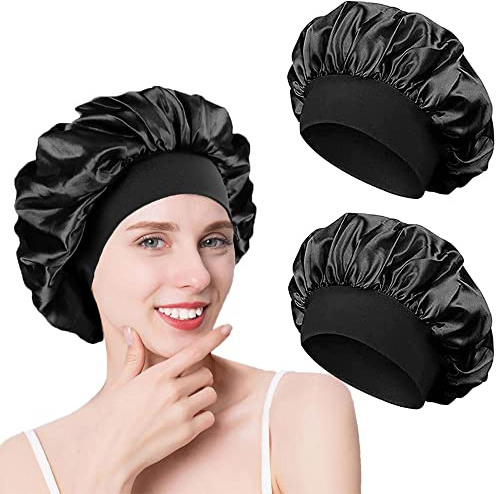 2 Pieces Bonnet Satin Cheveux Nuit, pour Femme, Bonnet en Satin à Bande Élastique Douce (Noir+Noir)