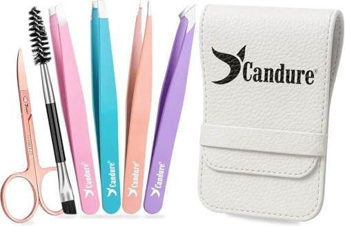 Candure Pinzas Depilar Profesionales - Pinza de Pelo de Acero Inoxidable de Punta para Pelos Faciales, Cejas Tijeras y Cepillo - Juego de 6 Puntiagudo Inclinado Plano y Punta Inclinada Puntiaguda