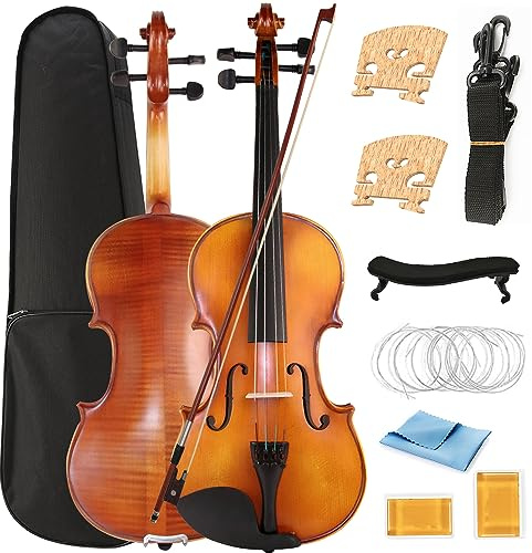 Eavnbaek Violine 4/4 Full Size Set, Massivholz Geige für Erwachsene Student Anfänger Profis, mit Hartschalenkoffer, Violinbogen, Schulterstütze, 2 Kolophonium und extra Saite