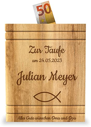 Geschenkfreude Spardose Taufe mit Gravur aus Holz - persönliche Taufgeschenke personalisiert für Kinder und Baby - Sparbuch zur Mädchen Jungen - Geschenkideen, Braun, Einheitsgröße