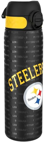 Ion8 NFL Pittsburgh Steelers Lightweight Steel Water Bottle, 600 ml/20 oz, Non-Insulated, Leak Proof, Easy to Open, Secure Lock, Dishwasher Safe, Flip Cover, Fits Cup Holders, Metal Water Bottle