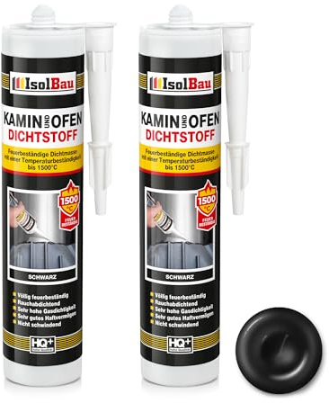 Isolbau Mastic d'étanchéité pour cheminée et poêle, résistant au feu jusqu'à 1500 °C, pour réparation et remplissage des fissures dans les cheminées et les fours, noir, 2 tubes de 300 ml