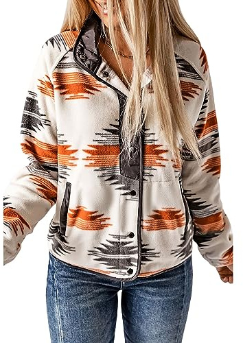 SELINK Womens Fleece Jacket Western Aztec Print Long Sleeve Snap Button Down Shacket Jackets with Pockets Grey-M