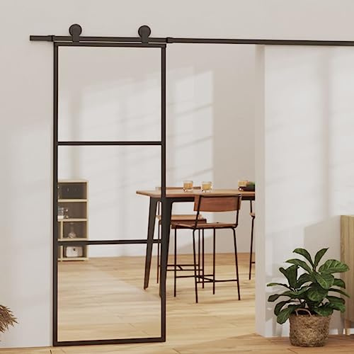Hommdiy Schiebetür mit Beschlag Glasschiebetür Glastür Glas Schiebe Tür Schiebetürsystem Laufschiene Schiebetürbeschlag ESG-Glas Aluminium 76x205 cm(183 cm Gleitschiene) 2 Horizontale Stäbe