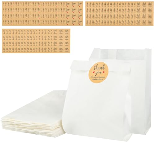 50 pezzi sacchetti di carta bianca per alimenti, buste di carta, Sacchetti in carta kraft con 60 adesivi per snack, compleanno e feste di Natale, 11 * 4 * 16cm
