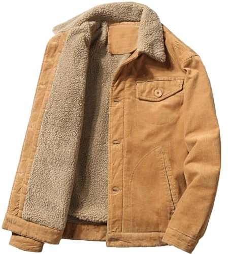 Juneyou Giacca da uomo in velluto a coste con colletto alla coreana, fodera in sherpa ispessita, cappotto caldo con tasche, cachi, XL