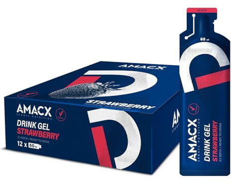 AMACX Energy Gel mit 30g Kohlenhydrate – 12er Pack – Elektrolyte für intensives Training – 200mg Natrium pro Energiegel – Sport Gel mit Maltodextrin – Ausdauerathleten Sportnahrung – Erdbeere
