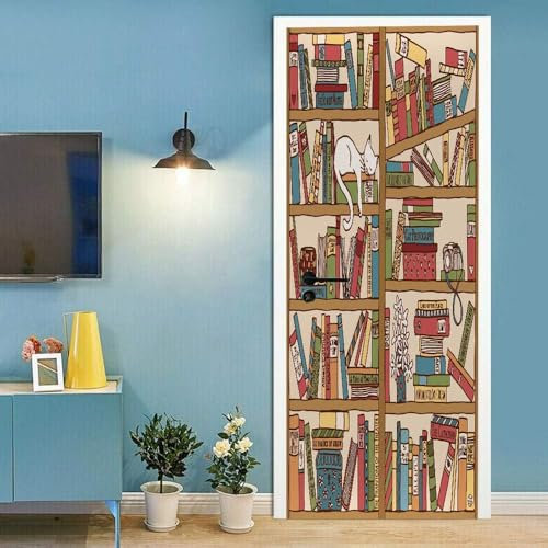 Türtapete Selbstklebend Türfolie Türposter 3D Bücher Im Cartoon-Bücherregal 90 X 210 Cm Vinyl Folie Türdeko Tapete Wandbild Türaufkleber Türtattoo - Kinderzimmer Wohnzimmer Schlafzimmertür Fot 0