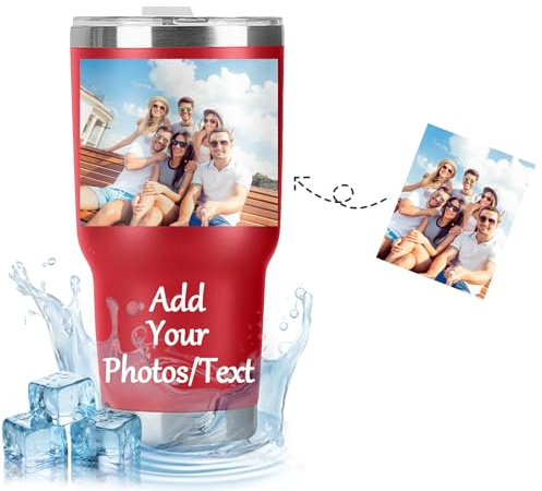 Thermal Travel Mug, Personalised Coffee Travel Mug with Photo Text, Insulated Mug Double-Walled Stainless Steel Vacuum, Coffee Cup Travel Mug for Office Outdoor Hot Cold Drinks 600ml (Red)