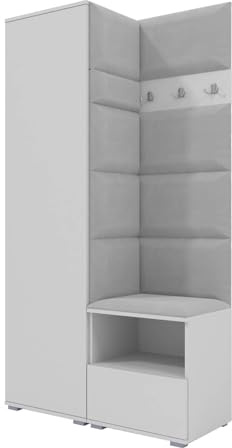 RAVIO Flurgarderobe 100 cm mit Kleiderschrank & Schuhschrank, Garderobenset Flur mit Sitzbank, Garderobenpaneel, Wandpolster & Push to Open Türen - Weiß/Wandpaneele Hellgrau