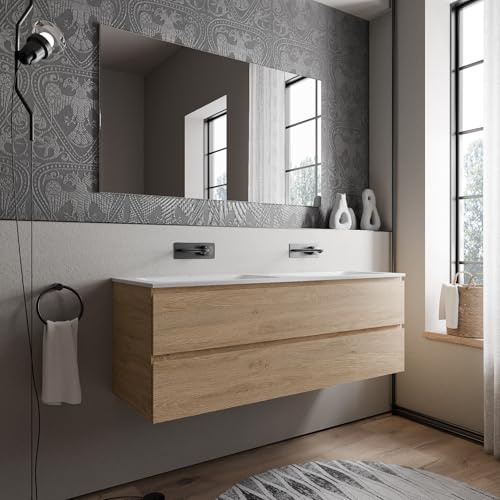 BERNSTEIN Badmöbel-Set Ava 140cm bestehend aus Mineralguss-Doppel-Waschbecken mit Unterschrank in Eiche honiggold, Waschtisch CREAM - Weiß matt ohne Hahnloch, Ideal für große Bäder