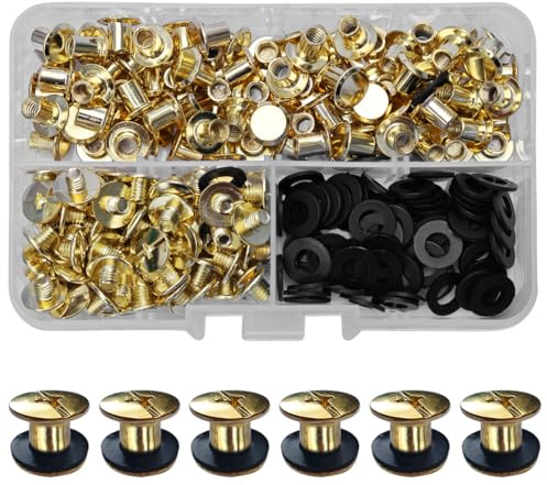 SHSMPXOY 90 uppsättningar Chicago bokskruvar rostfritt stål M5 x 6 mm Chicago-skruvar bokbindningsskruvar skruvnitar för läder, väskor, böcker, halsband, ryggsäckar, hundkoppel (guld)