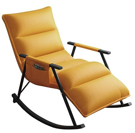 Ergonomischer Ledersessel mit verstellbarer Rückenlehne und Fußstütze, moderner Loungesessel für Wohnzimmer, gelber gepolsterter Schaukelstuhl mit Aufbewahrungstasche, schwarzer Rahmen
