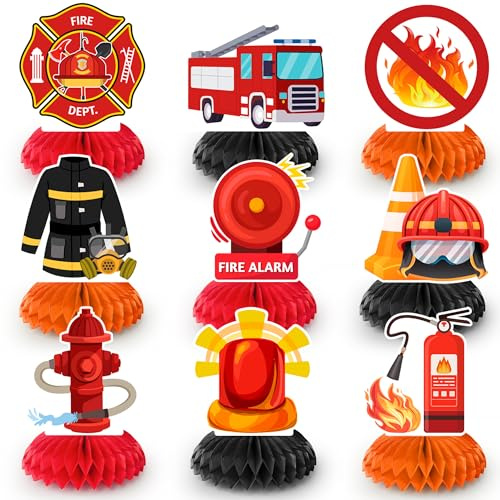 Huxolynifty Feuerwehrauto Bienenwabe Mittelstücke, 9 Pcs Feuerwehrauto Themen Waben Mittelstücke/Feuerwehr Party Deko Waben für Feuerwehrmann Geburtstagsparty Dekorationen Zubehör