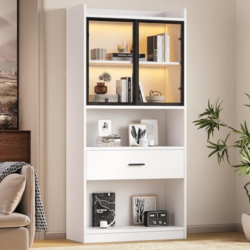 Curio Vitrin med ljus, förvaringshyllor med popup-glasdörrar, 1 stor låda och 16 färger ljus, samlarobjekt skåp displayhylla, bokhylla vitrinskåp för vardagsrum (35,2 x 80 x 153,5 cm)