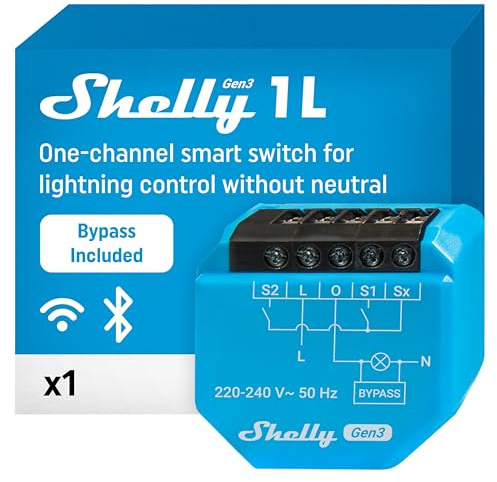 Shelly 1L Gen3 mit Bypass, WLAN & Matter Smarter Schalter, 1 Kanal, Alexa, Google Home, HomeKit, Kein Hub Erforderlich, Fernsteuerung, Kein Neutralleiter erforderlich, Steuert Lasten über 5 W