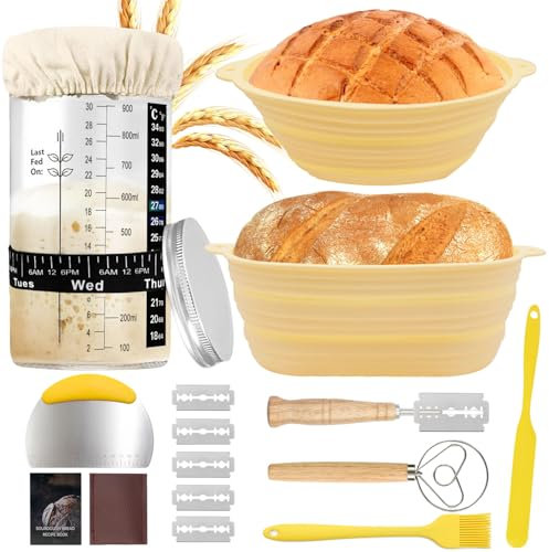 Cestino Pane Lievitazione, Set di 2 Cestini da Lievitazione per Pane in Silicone, Rotondo da 24cm e Ovale da 25cm, Set Lievitazione Pieghevole, Kit Completo per Panificazione e Lievito Madre (Giallo)