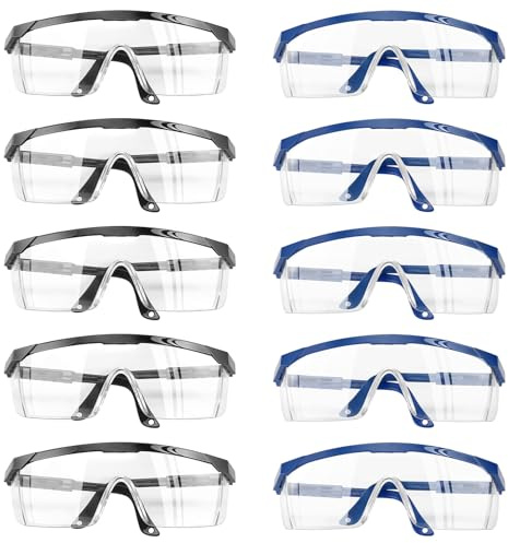 GOSHIES Schutzbrille 10 Stück Arbeitsschutzbrille Sicherheitsbrille Schutzbrille für Brillenträger mit verstellbaren Bügeln Arbeitsschutzbrille Antibeschlag Antispeichel Schwarz + Blau