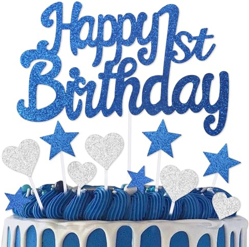 mciskin 1st Birthday Cake Topper,1st Birthday Decorations for Boys Girls,Royal Blue Cake Decorations,Personalised Cupcake Toppers with Heart Star for Girl Boy Women Men Party Supplies