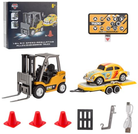 SHOYDID Mini carrello elevatore in lega RC, 1/64 carrello elevatore telecomandato con controller wireless, gancio di carico, forche e pallet (giallo)
