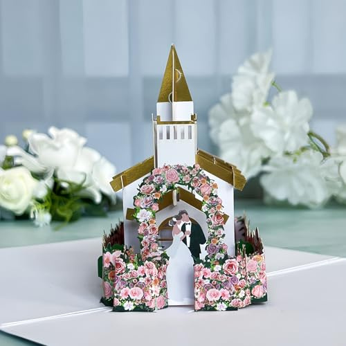 pekifaves Tarjeta de Boda Pop-Up, 3D Tarjeta de Felicitación Boda, tarjeta de felicitación para boda con sobre, iglesia, novio, novia, flores, para compromiso, aniversario, regalo de dinero