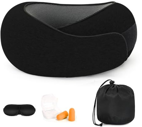 DULCE DOM 360° Memory Foam Reisekissen für Erwachsene | Verstellbare Nackenstütze für Flug, Zug & Auto | Inkl. Tragetasche, Schlafbrille & Ohrstöpseln für erholsames Reisen