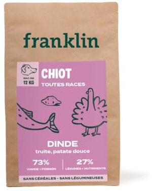 FRANKLIN Valpfoder - 73 % kalkon och öring - utan spannmål och baljväxter - lätt matsmältning - optimal tillväxt - liten storlek 11 mm - 12 kg