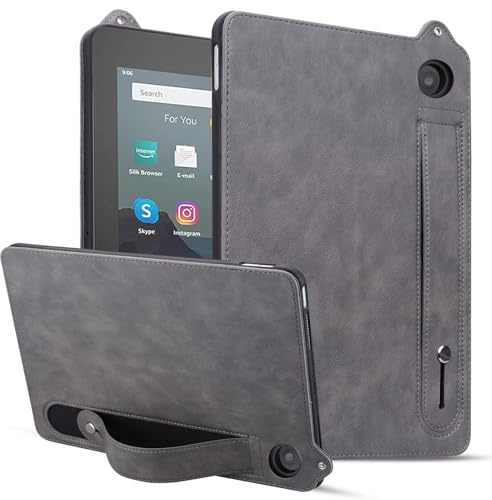 DNMYWAE Umweltfreundliche Tablethülle aus Leder Kompatibel mit Kindle Fire HD8/HD 8 Plus 2022 2020, stoßfeste Tablet-Hülle Ständer, Handschlaufen-Hülle, Lederhülle, TPU & PC(Gray)