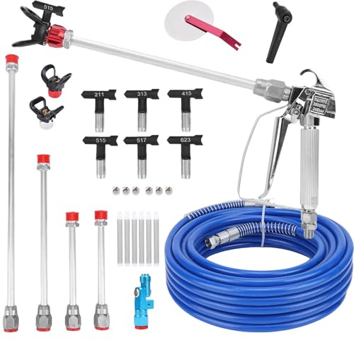 Airless Pistolet Peinture,Peinture airless 22 pièces avec Tuyau de 15m, 6 Buses réversibles (211,313,415,515,517,623) et 4 tiges d'extension,6 filtres,kit de Peinture par pulvérisation pour intérieur