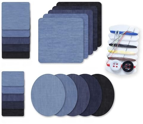 Fysaran Bügelflicken Jeans, Flicken zum Aufbügeln, Baumwolle Jeans Patches zum Aufbügeln, Flicken Selbstklebend Stoff 5 Farben Bügelvlies 4 Größen Patches Reparaturset Aufbügelflicken für Kleidung