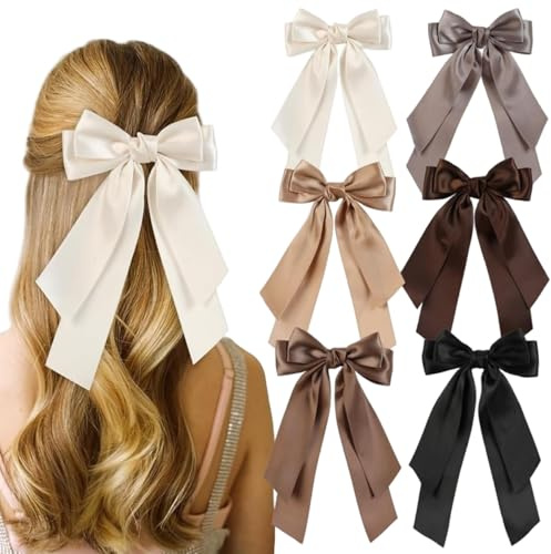 6 pièces nœuds à cheveux pour filles 5 pouces double couche pince à cheveux en satin avec longue queue pour femmes filles tout-petits multicolore pour, arc, arc Ha