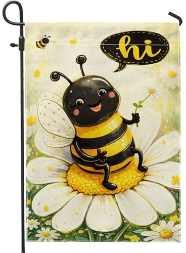 Bandiera da giardino con api, fantasiosa e giocosa con fiori di crisantemo, in iuta gialla, doppia faccia, piccola bandiera da giardino per esterni, prato, portico, patio, ingresso, 30,5 x 45,7 cm