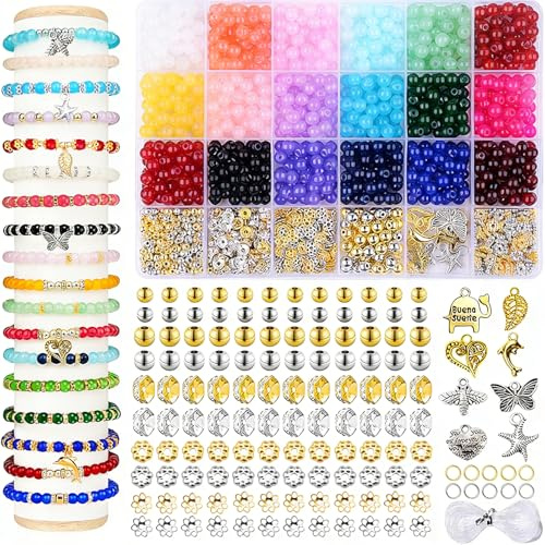 Schmuck Selber Machen Set, Natürliche Edelstein-Perlen 5–8mm,1180 Stück Unregelmäßige Natursteinperlen mit Loch, DIY Bastelset für Armbänder, Halsketten, Ohrringe & Ringe zum Auffädeln (Runde1 Perlen)
