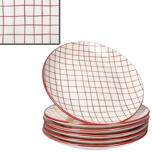 MamboCat Lot de 6 assiettes plates rouges Holly - Diamètre : 27 cm - Grandes assiettes plates en faïence - Couleur crème avec motif grillagé et bord rouges - Vaisselle pour le quotidien, le