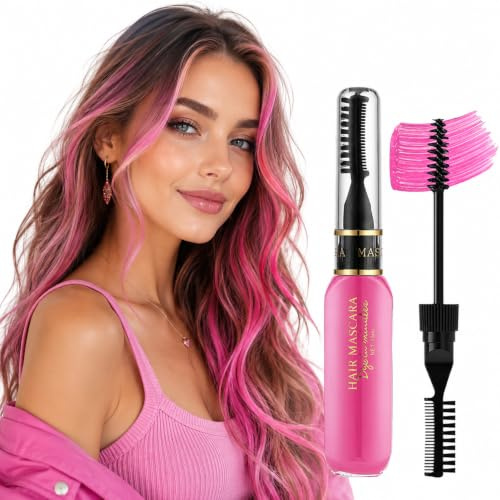 Candy Pink Temporary Hair Colour Mascara with Comb - Washable Brush-On Tint for Highlights, Underlayers, Fringe and Hair Ends, Quick-Dry Colour for Parties, Festivals and Cute Weekend Styling
