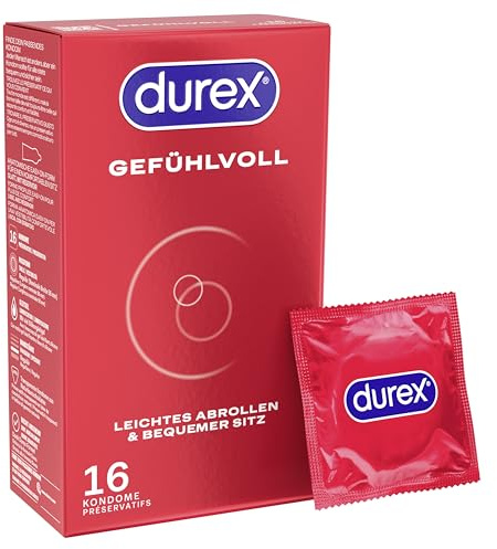Durex Gefühlvoll Kondome – anatomische Easy-On-Form, mit viel Silikongleitgel, reguläre Passform 16 Stück