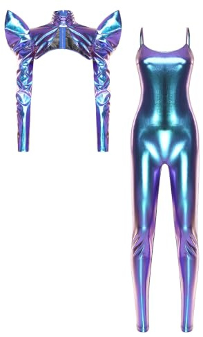 TiaoBug Dam wetlook body ärmlös spagettiremmar jumpsuit lack läder overaller lång onepiece med bröst sele långärmad bolero motto party klubbkläder