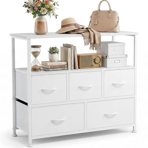 DUMOS Kommode mit Schubladen - kommoden & Sideboards für Schlafzimmer Geeignet, Komodenschrank mit 5 Schubladen, TV-Schrank mit Stahlrahmen,Schrank Klein, Ideal für Flur, Wohnzimmer (Weiß)