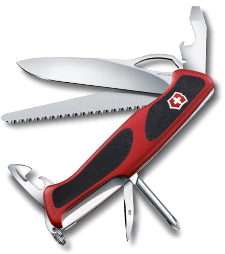 Victorinox Ranger 78 M Grip Swiss Army Knife, 12 Functions, Swiss Made Pocket Knife with Large Lock Blade, Tweezers and Wood Saw - Red/Black