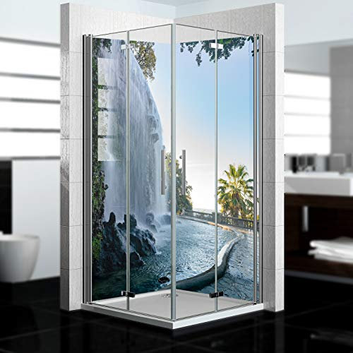 dedeco Eck-Duschrückwand wasserfest mit Wasserfall V11 Motiv UV-Lack matt - 2 x 90x200 cm, als Badrückwand zum Fliesenersatz, Dekorwand, Wandverkleidung und Duschplatte aus Aluminium - Made in Germany