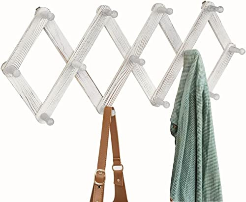 Homode Accordian Wall Hanger, Expandable Coat Rack Wall Mounted, Accordion Style Wood Hat Rack with 13 Peg Hooks for Hanging Coats, Hats, Mugs, Bags, Purses, Necklaces, Rustic White
