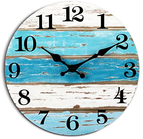 Beach Themed Blue Wall Clocks Battery Operated Silent Non-Ticking, Vintage Round Rustic Coastal Nautical Clock Decorative for Home Kitchen Living Room Office Bathroom Bedroom(10 Inch)