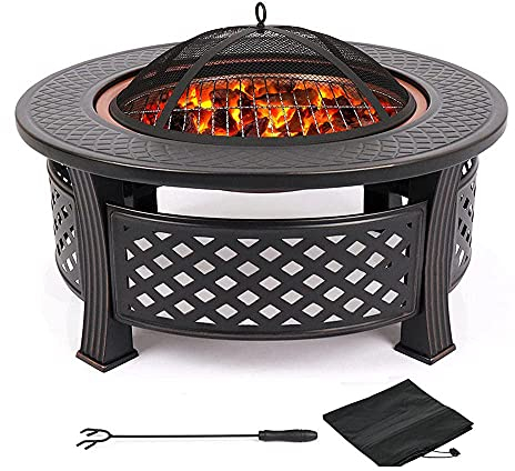 BDXZJ Tazón de Fuego Al Aire Libre, Pozo de Fuego Redondo, Pozo de Leña con Pantalla de Chispa Y Póquer, Cubierta Impermeable de 32 Pulgadas para Camping, Calefacción Al Aire Libre