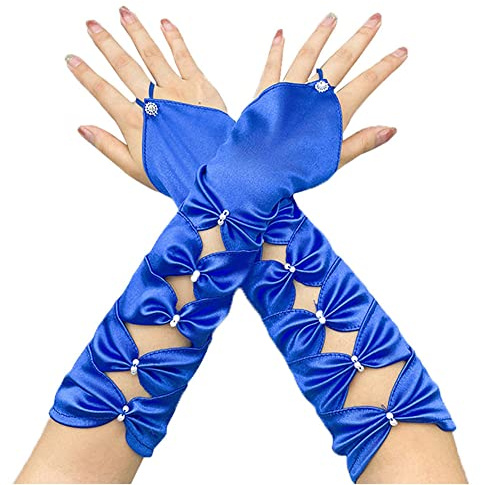 GIVBRO Lange Satin-Handschuhe fingerlose Fäustlinge Bowknot Vintage Brauthandschuhe Zubehör für Frauen Party Bars Hochzeit Dress Up Blau