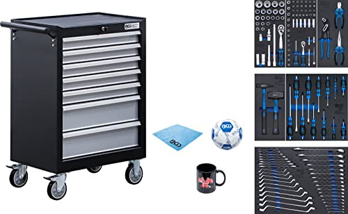 BGS 6065 | Bestückter Werkstattwagen | 7 Schubladen | 129 Werkzeuge | Steckschlüssel-, Schraubendreher-, Zangen-, Hammer- und Schlüssel-Sätze | Hartschaum-Einlagen 1/3, 2/3, 3/3