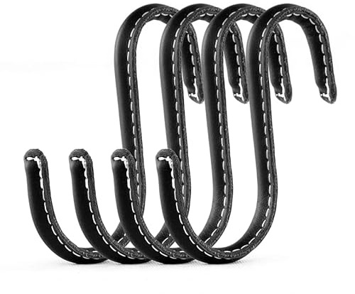 Brute Strength – S-Haken mit Lederummantelung – Schwarz – 4 Stück | 10 cm S-Haken aus Edelstahl, mit Vollnarbenleder umwickelt; für Küche, Kleiderschrank, Werkstatt und Bad
